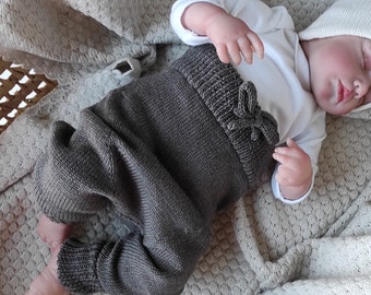 Brown harem pants knitted of soft merino wool, newborn baby joggers perfect coming home outfit