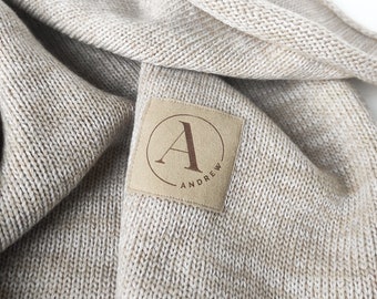 Manta de bebé de punto de lana merino personalizada, beige jaspeado