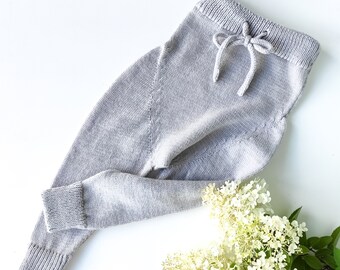 Graue Baby Jogger aus weicher Merino Wolle gestrickt, Baby Haremshose