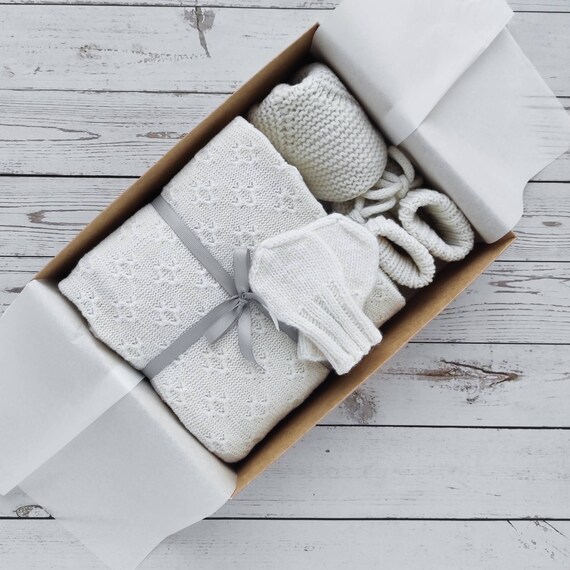 Knit baby blanket gift box for newborn white baby blanket Etsy