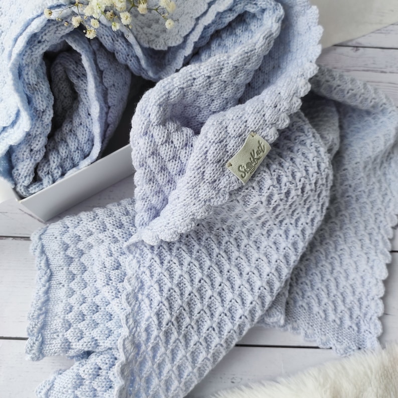 Knit Merino Wool Baby Blanket With Crochet Edges Baby Boy Etsy