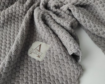 Baby blanket with name for personalized baby nursery, knit merino wool baby blanket taupe gray, cozy baby shower gift