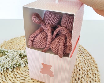 Merino Wool Baby Booties: Withered Rose Knit Socks in Pink Gift Box