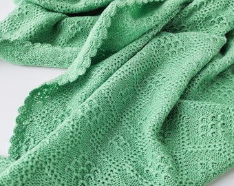 Merino wool baby blanket knitted green baby throw blanket for baby girl or baby boy
