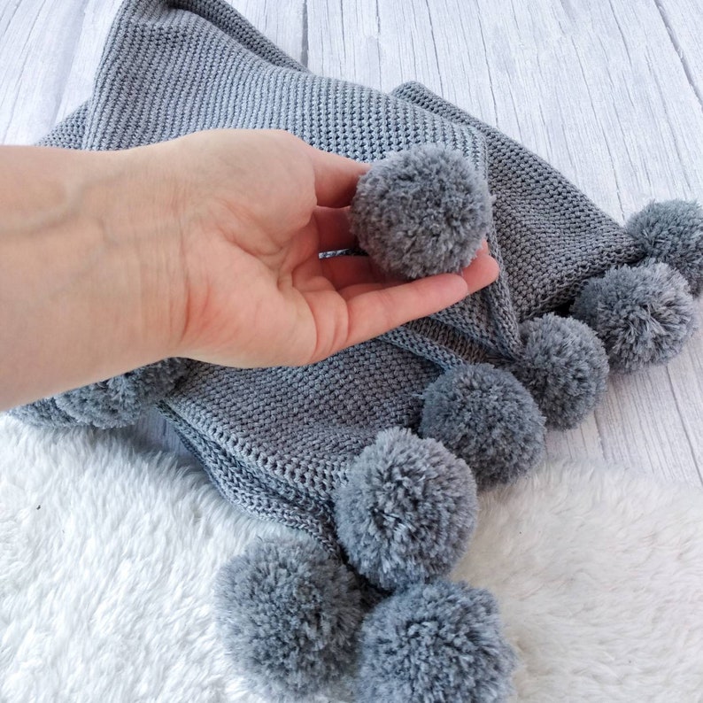 Knitted baby blanket with pom pom soft merino wool baby Etsy
