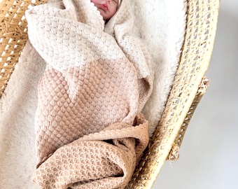 Merino Wool Baby Blanket, Ombre Knit Newborn Blanket, Bubble Stitch Beige Caramel Brown, Baby Shower Gift, Gender Neutral Nursery