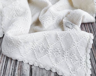 Merino wool baby blanket white, knitted baby afghan