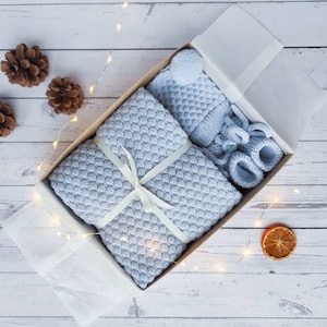 Gift set for Newborn baby boy Blanket hat and booties set knitted of soft merino wool Light blue baby shower gift New mom gift