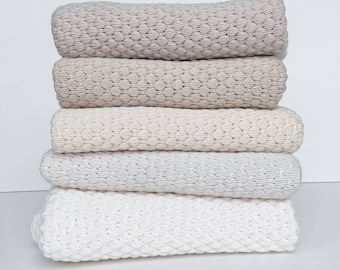 Off white baby blanket merino wool neutral knitted baby shower gift for boy or girl, soft baby snuggling blanket