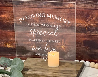May include: A clear acrylic sign with the text "IN LOVING MEMORY OF THOSE WHO HOLD A special PLACE IN OUR HEARTS we love AND MISS YOU" in white lettering. The sign is sitting on a wooden base with a lit candle in front of it.
