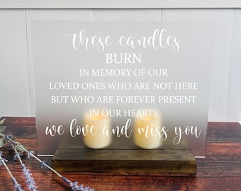 Estas velas arden en la memoria amorosa, signo conmemorativo de la boda, signo conmemorativo esmerilado, signo de boda conmemorativo claro, monumento conmemorativo de la boda