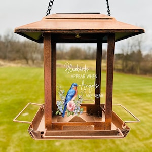 Personalized BlueBirds Appear When Angels are Near Bird Feeder, In Sympathy, Remembrance Gift, For Memorial Garden, Solar Memory Bird Feeder