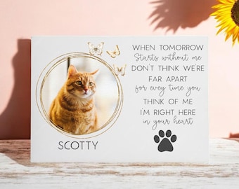 Op de afbeelding: Een wit houten bord met een gouden lijst en een foto van een kat. Het bord heeft de tekst "WHEN TOMORROW Starts without me DON'T THINK WE'RE FAR APART for every time you THINK OF ME I'M RIGHT HERE in your heart" en een poot afdruk. Het bord is gepersonaliseerd met de naam "SCOTTY".