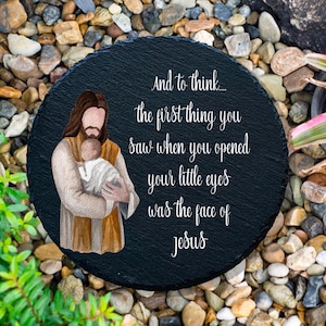 And To Think Face Of Jesus Memorial Garden Stone,  Sympathy Gift, Slate Grave Marker, Remembrance, Bereavement Gift, Miscarriage Gifts