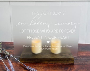 Estas velas arden en la memoria amorosa, signo conmemorativo de la boda, signo conmemorativo esmerilado, signo de boda conmemorativo claro, monumento conmemorativo de la boda