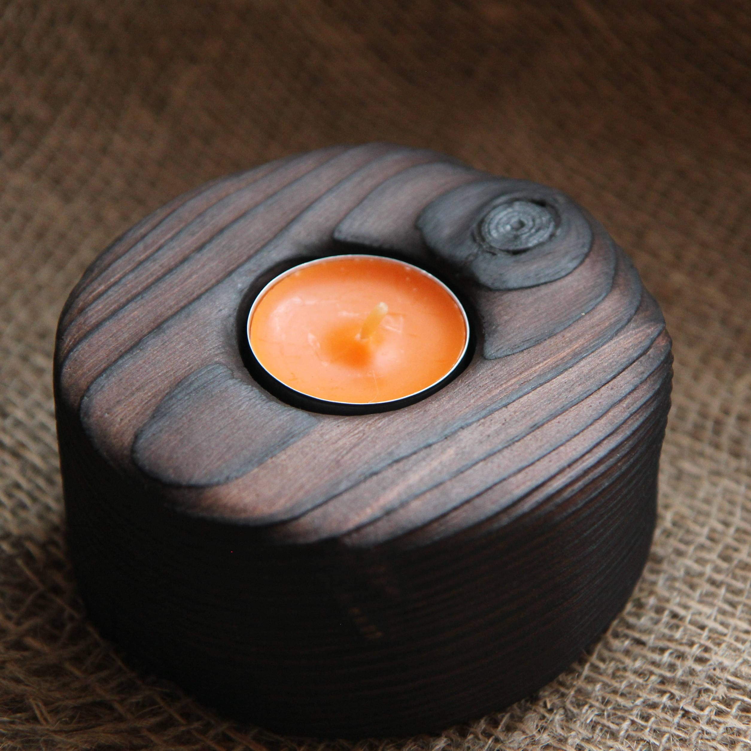 Brown black round wooden candle holder brushed burnt wood tea Etsy