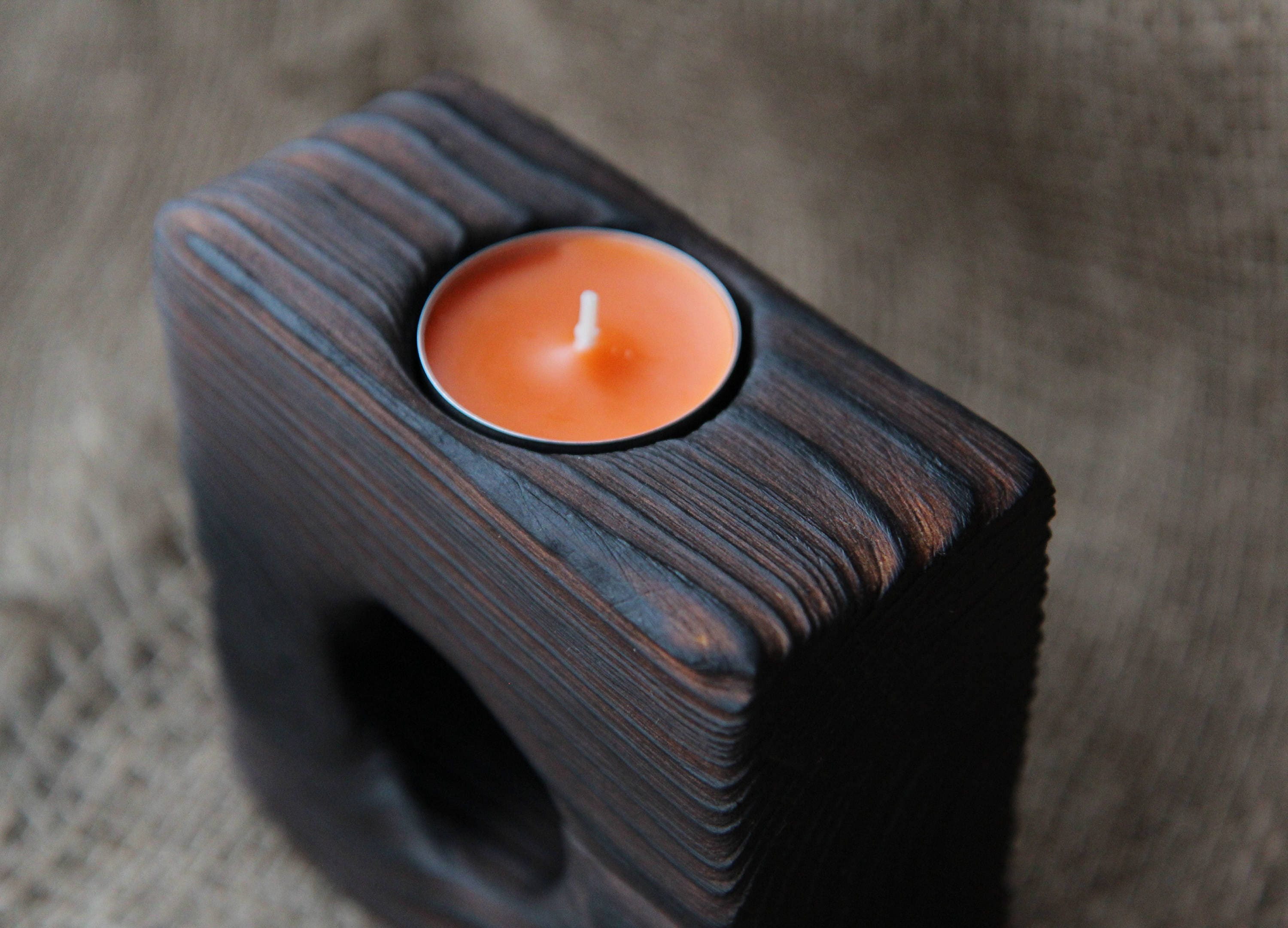 Black wooden candle holder Tribal carved burnt wood decorative Etsy