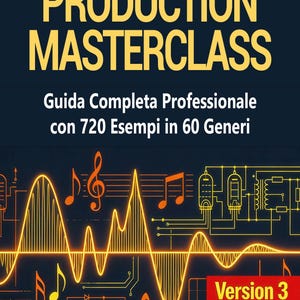 Pode incluir: Gráfico azul escuro com o texto "SUNO AI MUSIC PRODUCTION MASTERCLASS" em amarelo. Abaixo, lê-se "Guida Completa Professionale con 720 Esempi in 60 Generi." A imagem apresenta notas musicais e um design de forma de onda em laranja, com "Version 3" em uma caixa vermelha.