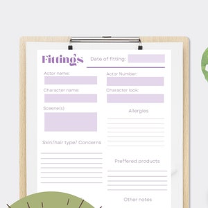 Puede incluir: Una plantilla de hoja imprimible y rellenable para registrar los detalles de una prueba de vestuario. La plantilla incluye secciones para el nombre del actor, el número del actor, el nombre del personaje, el aspecto del personaje, la escena, las alergias, el tipo de piel y cabello, los productos preferidos y otras notas.