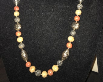 Vintage Semi-Precious Beads With Silver Tone Metal Accent Beaded Necklace***