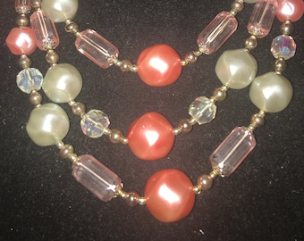 Vintage Shades of Pinks and Gray Graduated Beads With Gold Tone Accents Triple Strand Necklace, Signed Japan***