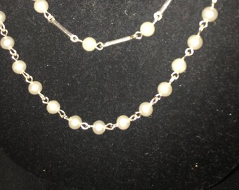 Vintage Off White Pearl Super Long Opera Flapper Gold Tone Accent Necklace***