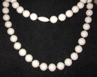 Vintage Acrylic White Beaded Necklace with Goldtone Accents