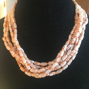 Vintage Multi-Strand Cream Oblong With Orange Splashes Beaded Necklace, Signed Hong Kong##