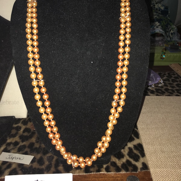 Vintage PeachyPink Pearl Belt or Necklace, Signed Hong Kong##