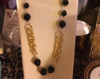 Vintage Heavy Gold Tone Link with a Large Black Crystal***