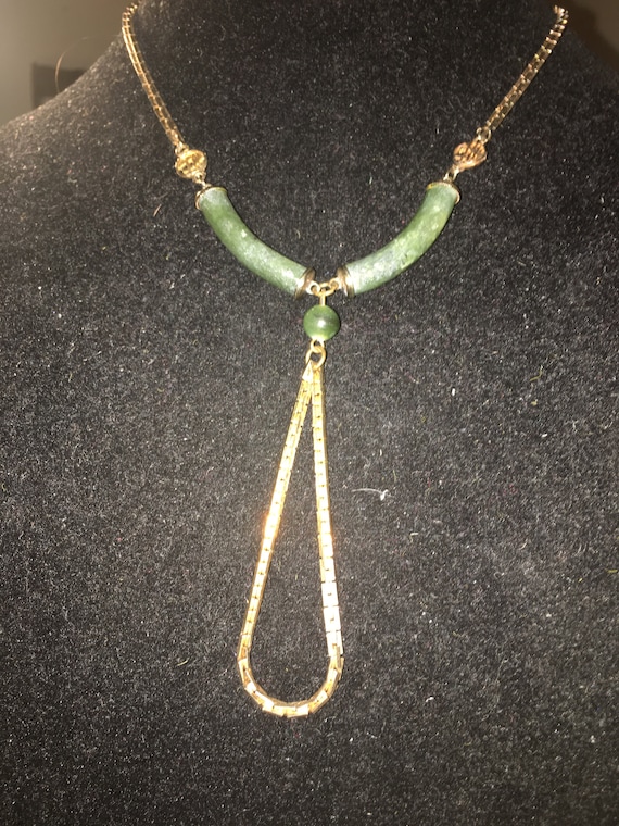 Vintage Gold Tone Jade Like Drop Necklace*** - image 1