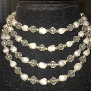 Vintage Multi Strand White Faux Pearls and Crystals Silver Tone Accents Necklace***