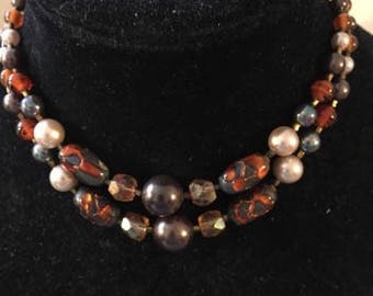 Vintage Two Stand Brown Necklace with Pearl Accent Beads***
