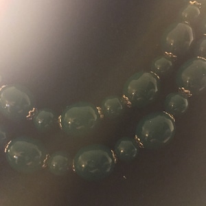 Vintage Double Strand Dark Green Graduated Beaded Necklace With Gold Tone Accents, Signed Hong Kong***