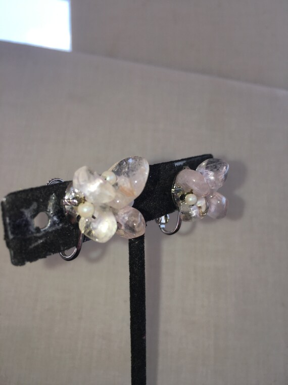 Vintage Rose Quartz and Tiny White Beads Screw Ba… - image 2