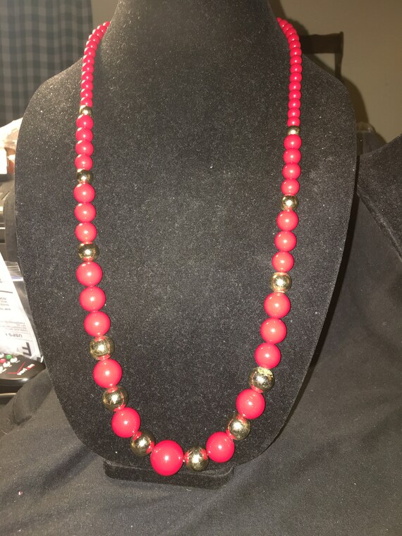 Collier Vintage Perles Rouges Vif Avec Petites Perles Dorées - Très Bon état - Occasion