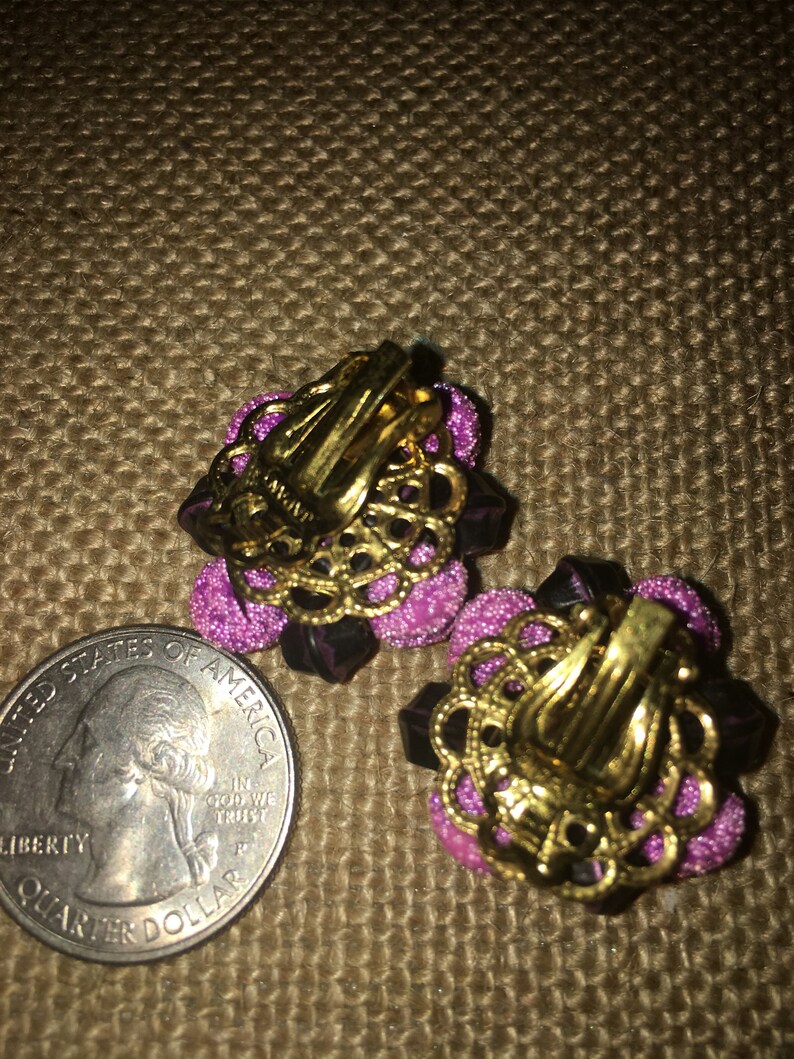 Vintage Unique Shades of Purple Textured Beaded Clip Earrings Signed Japan*