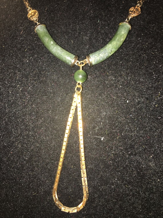 Vintage Gold Tone Jade Like Drop Necklace*** - image 2