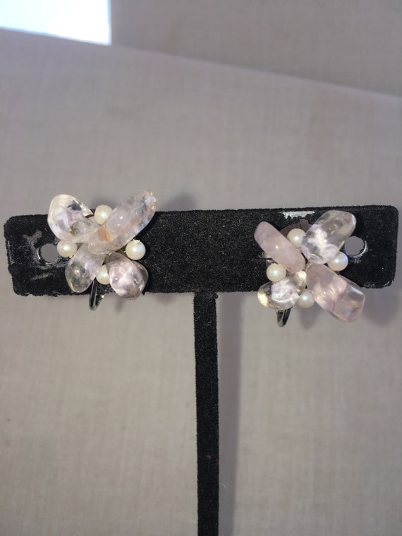 Vintage Rose Quartz and Tiny White Beads Screw Ba… - image 1
