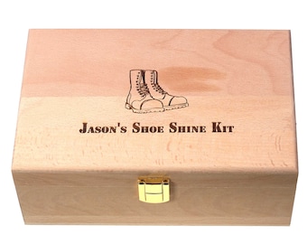 Personalised Beech Wood Shoe Shine Kit: With 2 Wax Polishes & 5 Brushes