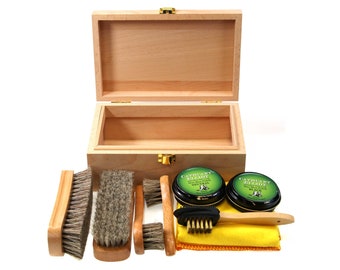 Personalised Wax Shoe Care Valet Box kit with brushes duster