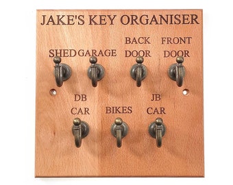 Personalised 7 Key Rack Organiser in Beech wood with rustic brass hooks Wall Mounted