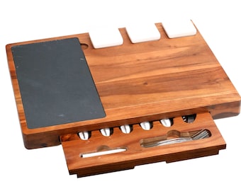 Personalised Large Acacia Wood Cheese Board With Dishes Slate and cheese tools