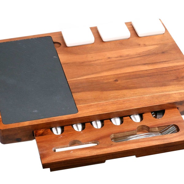 Personalised Large Acacia Wood Cheese Board With Dishes Slate and cheese tools