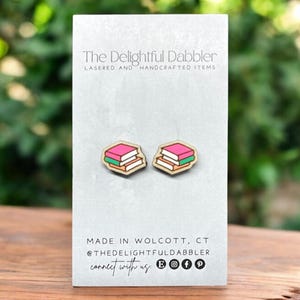 Wooden Stacked Book Stud Earrings Hand-Painted — Gift for Bibliophiles, Teacher / Librarian Jewelry