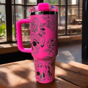 Skulls and Roses 40oz Tumbler: Laser Engraved Black Mirror Design