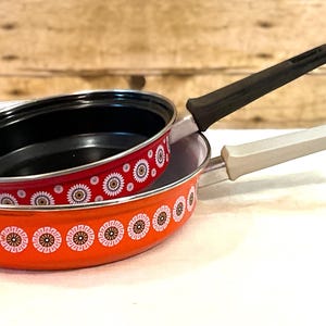 Vintage 60's Enamelware Fry Pans, orange, red, design