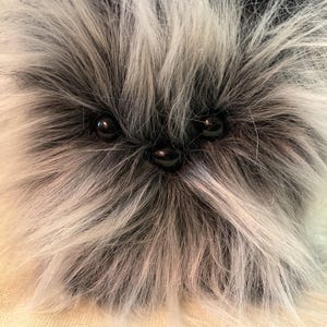 Pode incluir: Close-up de um cão de pelúcia com pêlo preto, branco e cinzento. O cão tem olhos pretos e brilhantes e um pequeno nariz preto. O pêlo é longo e fofo, dando ao brinquedo uma aparência macia.