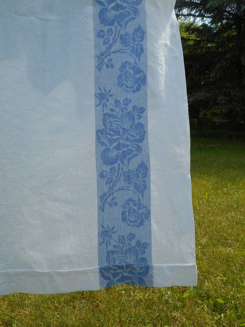 dust blue rose trim Vintage Damask Tablecloth