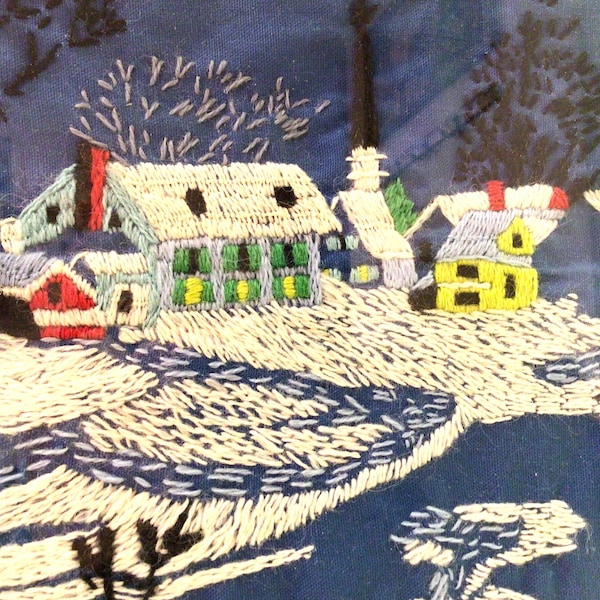 Vintage Blue Cloth Winter Scene Embroidery